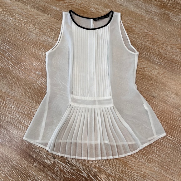 Zara Tops - Zara Sheer Faux Leather Trimmed Sleeveless Pleat Front Tank